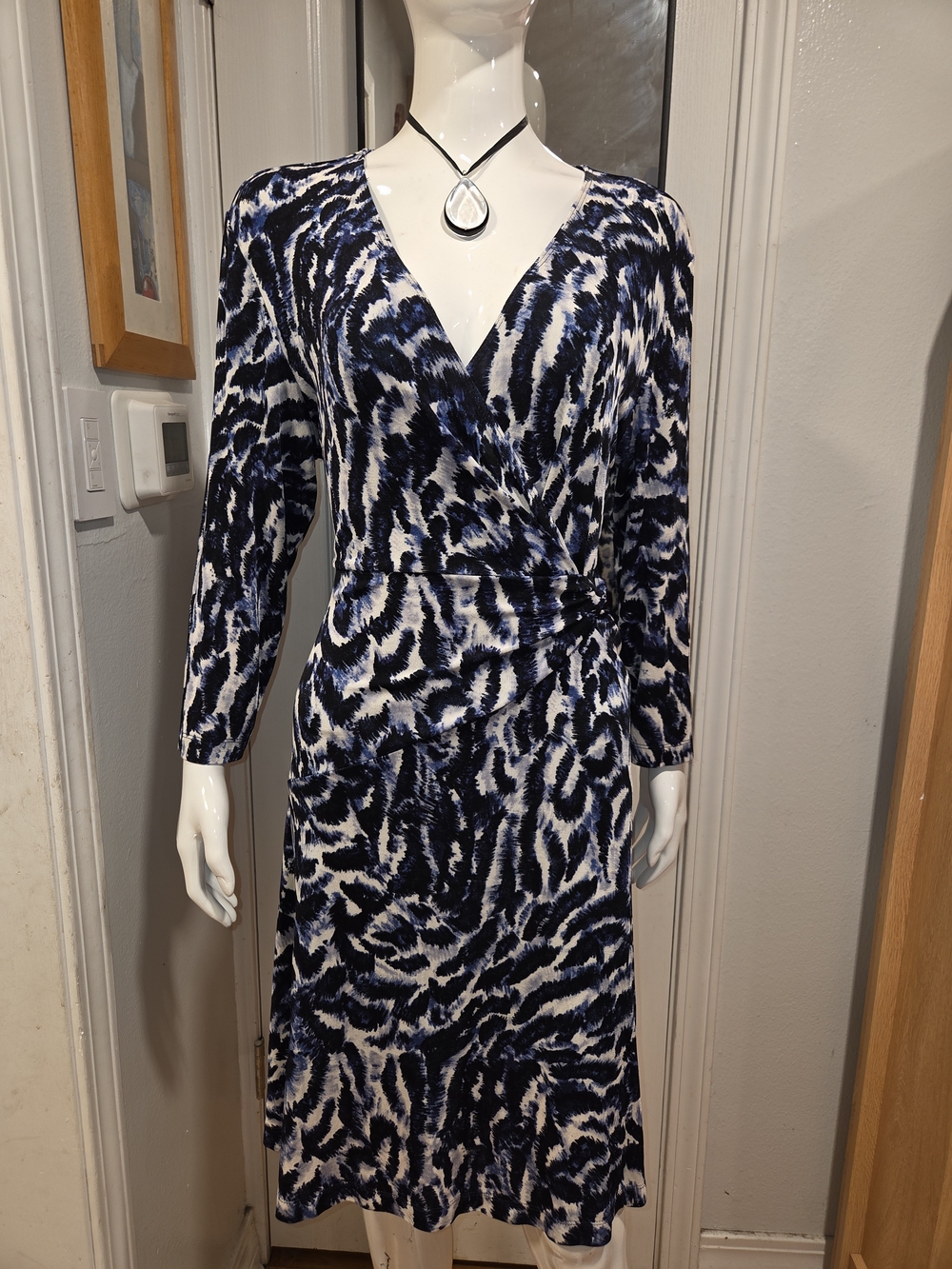 Chico's Navy and White Abstract Wrap Midi Dress  Sz 12/14  L